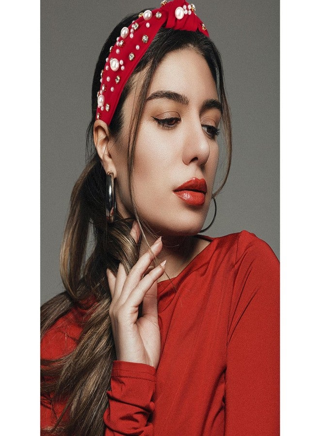 Uintoon Red Headband for Women Pearl Knotted Headband Sparkly Rhinestone Pearls Top Knotted Headbands Womens Fashion Hair Accessories Cute Hair Bands - Image 2