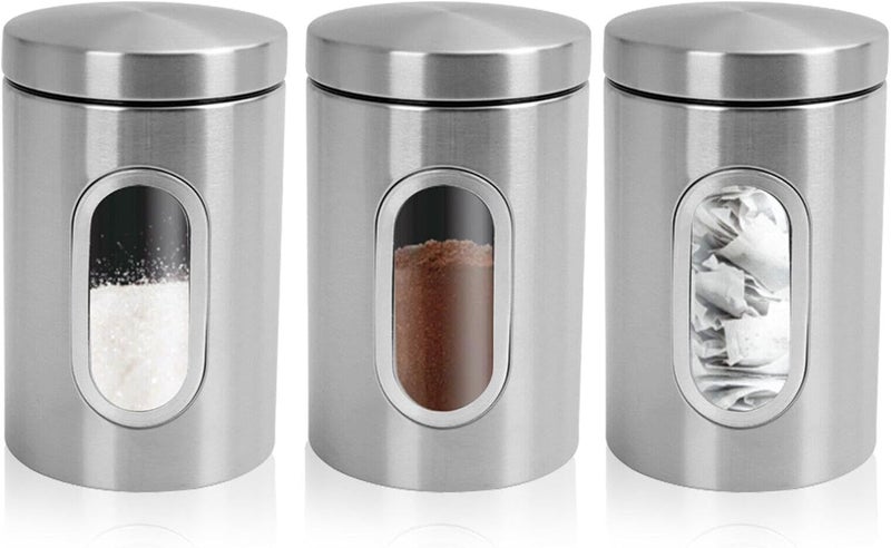 Mivana Steel And Glass Food Storage Airtight Tea Coffee Sugar Containers For 900Ml Kitchen Storage Container With Lid For Tea Coffee & Sugar, Dry Fruit Jars, Storage Box, Set Of 3 (3, M-18),Silver - Image 2