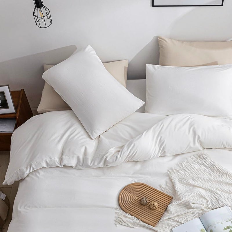 JELLYMONI Cotton Duvet Cover King Size - 100% Washed Cotton Linen Feel Textured Comforter Cover, 3 Pieces Lightweight Soft Bedding Set with Zipper Closure (Bright White, King 104"x90") - Image 3