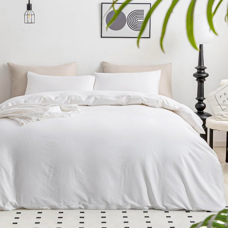 JELLYMONI Cotton Duvet Cover King Size - 100% Washed Cotton Linen Feel Textured Comforter Cover, 3 Pieces Lightweight Soft Bedding Set with Zipper Closure (Bright White, King 104"x90") - Image 1
