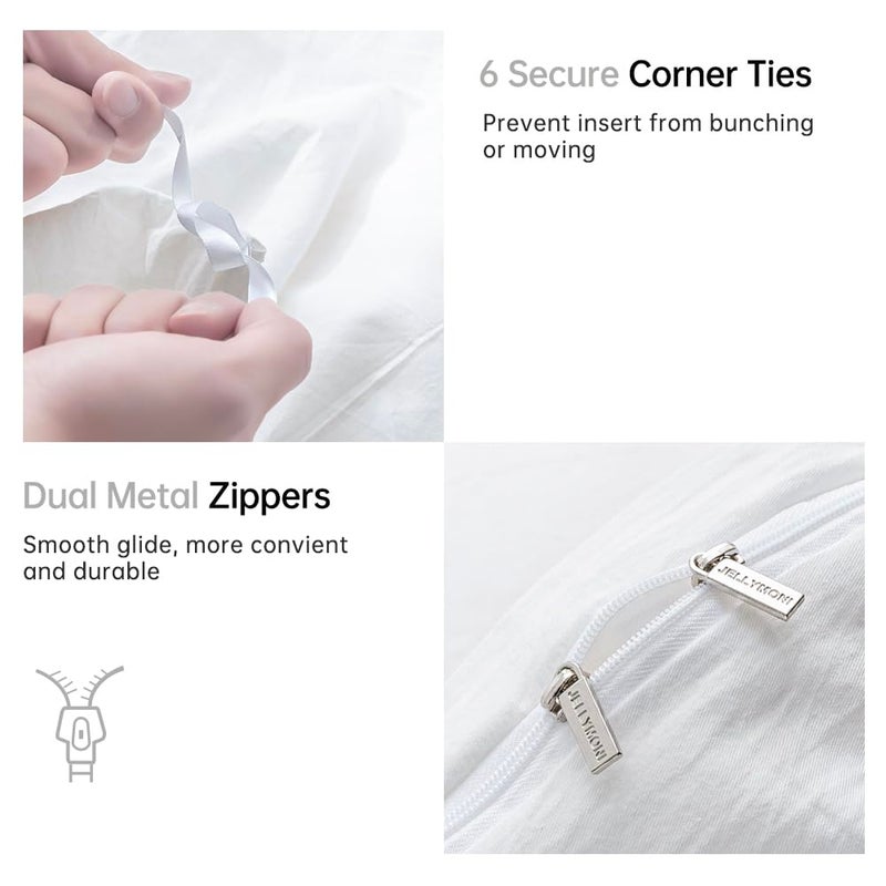 JELLYMONI Cotton Duvet Cover King Size - 100% Washed Cotton Linen Feel Textured Comforter Cover, 3 Pieces Lightweight Soft Bedding Set with Zipper Closure (Bright White, King 104"x90") - Image 4