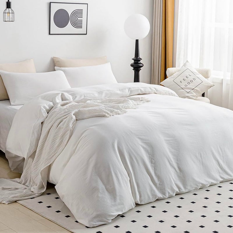 JELLYMONI Cotton Duvet Cover King Size - 100% Washed Cotton Linen Feel Textured Comforter Cover, 3 Pieces Lightweight Soft Bedding Set with Zipper Closure (Bright White, King 104"x90") - Image 2