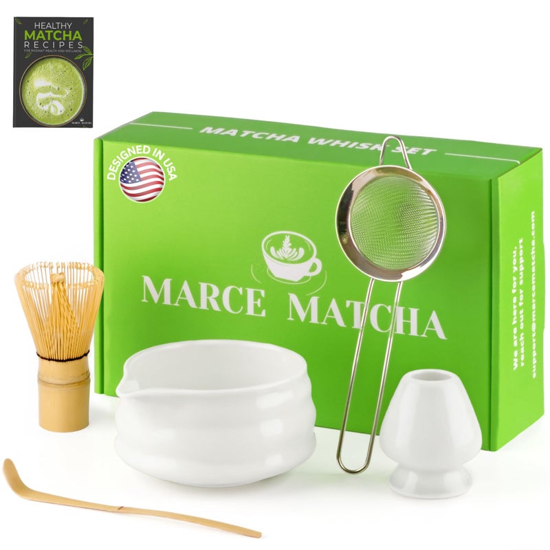 Marce Matcha Whisk Set Matcha Set includes Matcha Whisk and Bowl with Spout Sifter Holder and Scoop The Perfect Bamboo Whisk for Matcha Tea White