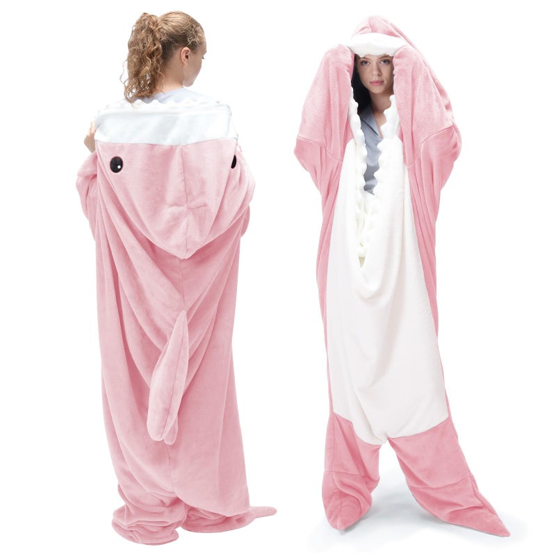 Touchat Shark Blanket Hoodie Onesie Wearable Blanket Hoodie Adult Warm Flannel Throw Tail Sleeping Bag Cartoon Costume Onesie Funny Gifts for Adults PinkL