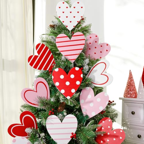 Bunny Chorus Valentines Day Decorations Tree Ornaments: 12 pcs Extra Large Red Pink White Heart San Valentine Decorations, Cute Hear Picks Ornaments for Valentine's Day Tree Topper Home Wedding Décor - Image 1