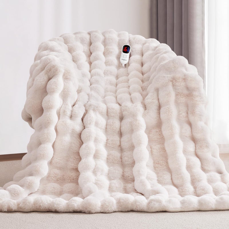 Anysay Heated Blanket Throw with 1/2/4/6/8 Hours Auto-Off 10 Heat Level, 50'' * 60'' Cozy Faux Rabbit Fur Bubble Electric Blanket with Overheat Protection(White) - Image 1