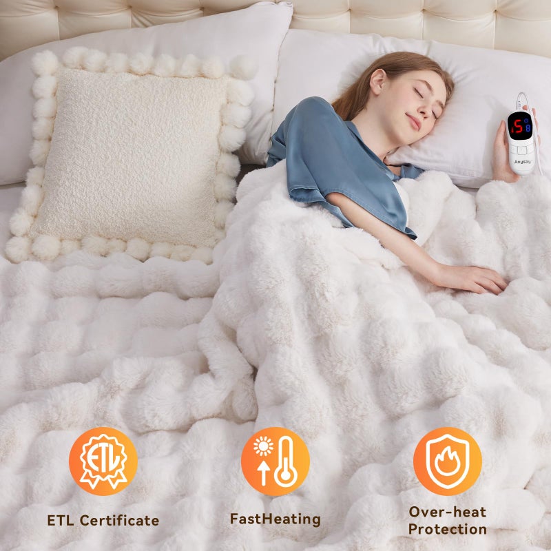 Anysay Heated Blanket Throw with 1/2/4/6/8 Hours Auto-Off 10 Heat Level, 50'' * 60'' Cozy Faux Rabbit Fur Bubble Electric Blanket with Overheat Protection(White) - Image 4
