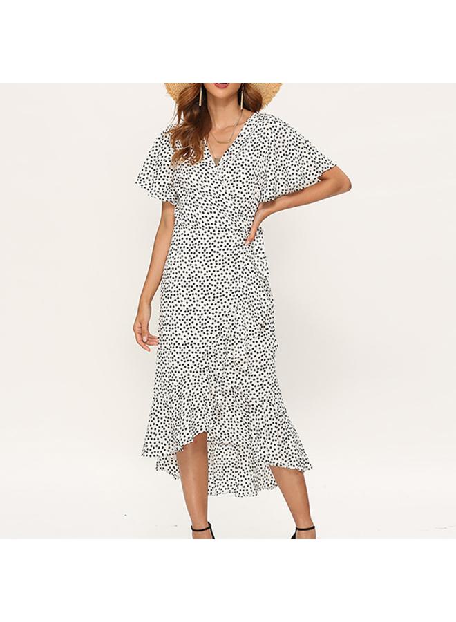 Women's Clothing Elegant Long Dress Lace-up Waist Slimming Floral Short-sleeved Large-sleeved Dress 