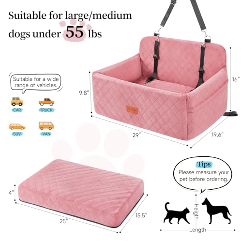 HEGGCOOE Dog Car Seat for Medium/Large Dogs, Pet Booster Seat for Under 55 lbs or 2 Small Dogs, Detachable & Washable Dog Car Bed for Backseat with 2 Safety Leashes (Pink) - Image 3