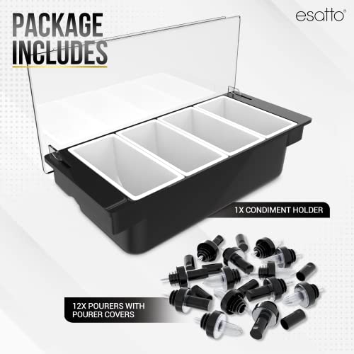 Esatto Bar Products Condiment Holder for Serving Container Chilled Garnish Tray with Lid for Bar Caddy, 4-1 Pint Inserts, With Added 12 Liquor Bottle Pourers, and 12 Pourer Covers - Black - Image 2