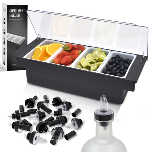 Esatto Bar Products Condiment Holder for Serving Container Chilled Garnish Tray with Lid for Bar Caddy, 4-1 Pint Inserts, With Added 12 Liquor Bottle Pourers, and 12 Pourer Covers - Black - Image 1