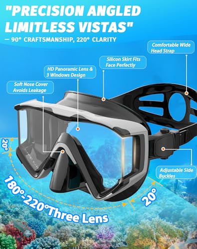 Greatever Snorkel Set Pano 3 Window Snorkel Mask Adult Panoramic Wide View AntiFog Scuba Diving Mask AntiLeak Snorkel Goggles Dry Top Snorkel Professional Snorkeling Gear for Adults - Image 3