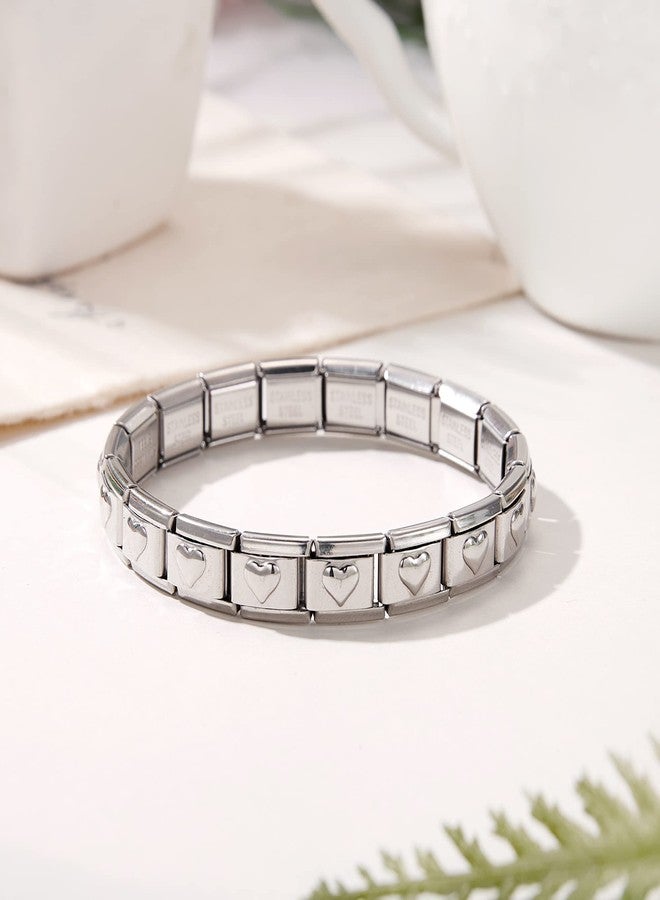 RINHOO 9mm Italian Starter Charm Bracelet Starting Italian Charm Bracelet Link Square Silver Interlocking Stainless Steel Modular Links (Silver Heart) - Image 5