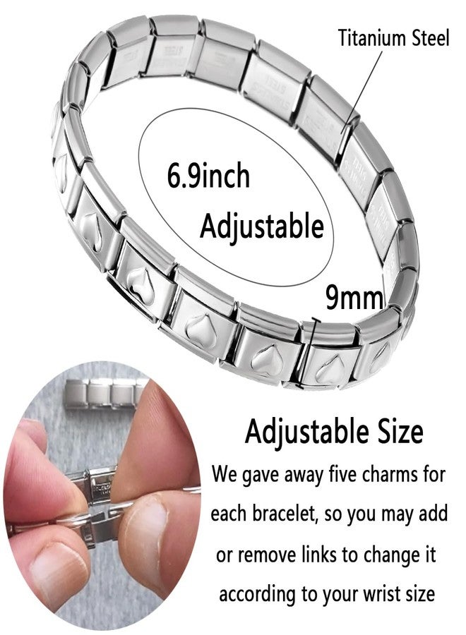 RINHOO 9mm Italian Starter Charm Bracelet Starting Italian Charm Bracelet Link Square Silver Interlocking Stainless Steel Modular Links (Silver Heart) - Image 2