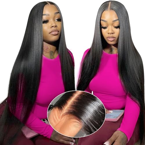 mengkai 28 Inch Lace Front Wigs Human Hair PrePlucked Bleached Knot Glueless Lace Front Wigs Human Hair Pre Plucked Pre Cut Straight Lace Closure Glueless Wigs for Women - Image 1