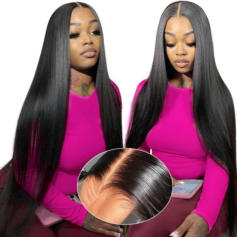mengkai 28 Inch Lace Front Wigs Human Hair PrePlucked Bleached Knot Glueless Lace Front Wigs Human Hair Pre Plucked Pre Cut Straight Lace Closure Glueless Wigs for Women - Image 2