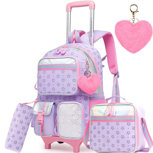 Meetbelify Girls Rolling Backpack with Wheels Cute Kawaii Carry On Backpack for Elementary Students Purple - Image 1