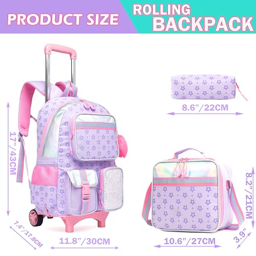 Meetbelify Girls Rolling Backpack with Wheels Cute Kawaii Carry On Backpack for Elementary Students Purple - Image 3