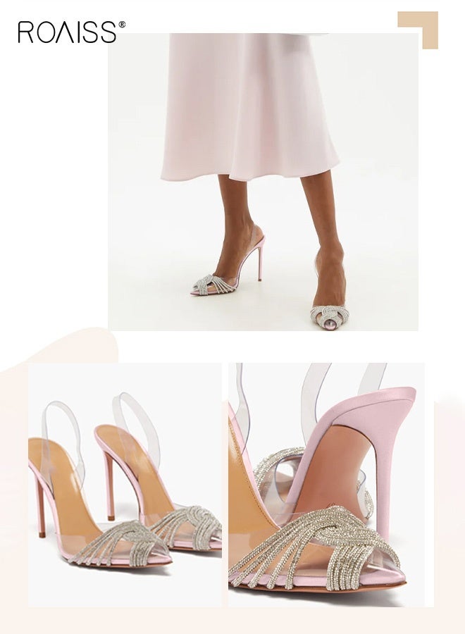 رويس أحذية نسائية بكعب ستيليتو مزينة بأحجار الراين، أحذية أنيقة للحفلات، أحذية بكعب عالٍ من الكريستال، أحذية مفتوحة من الخلف، أحذية شفافة من البولي فينيل كلوريد، صنادل زفاف، أحذية صيفية - Image 4