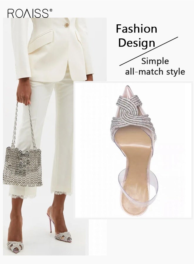 رويس أحذية نسائية بكعب ستيليتو مزينة بأحجار الراين، أحذية أنيقة للحفلات، أحذية بكعب عالٍ من الكريستال، أحذية مفتوحة من الخلف، أحذية شفافة من البولي فينيل كلوريد، صنادل زفاف، أحذية صيفية - Image 3