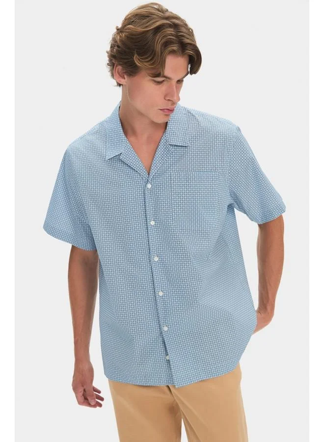 JUNE June Exclusive Men Short Sleeve Patterned Shirt Turquoise - Blue
