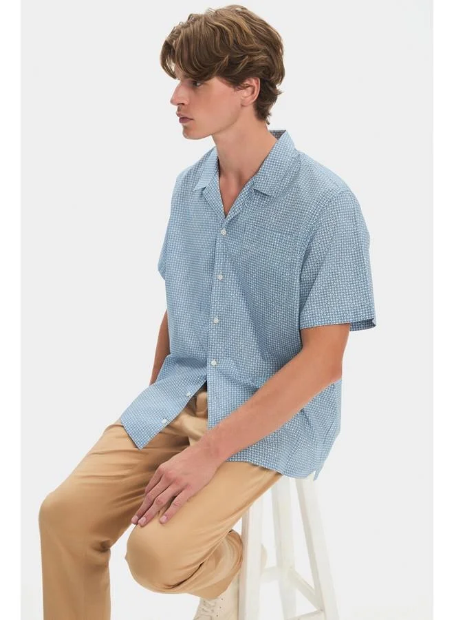 JUNE June Exclusive Men Short Sleeve Patterned Shirt Turquoise - Blue