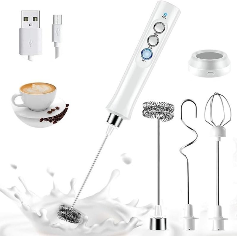 Bauihr Gulf approved global quality Milk Frother Handheld, USB Rechargeable Electric Foam Maker with 3 Heads, 3 Adjustable Speeds Mini Milk Foamer for Latte, Cappuccino, Coffee, Hot Chocolate, Matcha (White), EW-07128 Simple multi-color universal build - Image 1