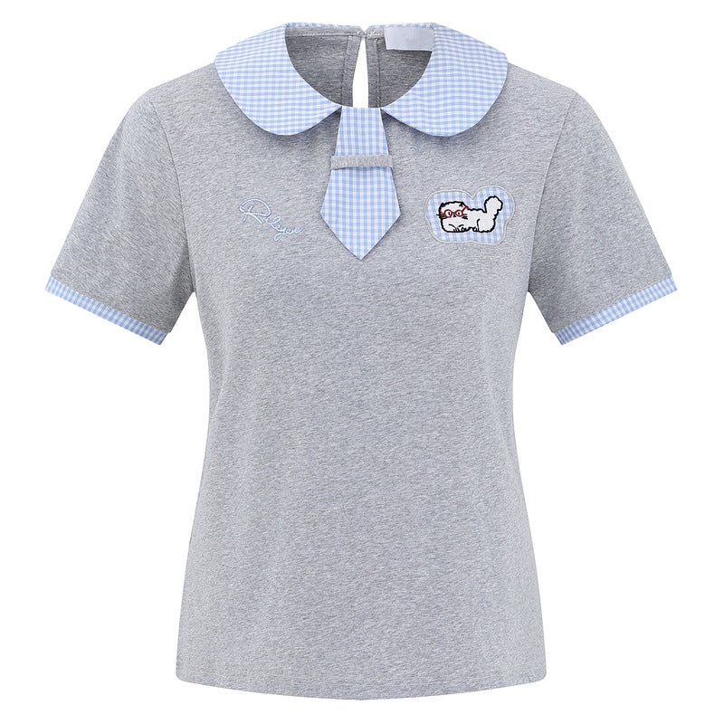 Clothing Men's American Style Vintage Kitten Embroidered Baby Collar Short-sleeved T-shirt Women's Summer New Slim-fit Slimming Short tee - Image 1