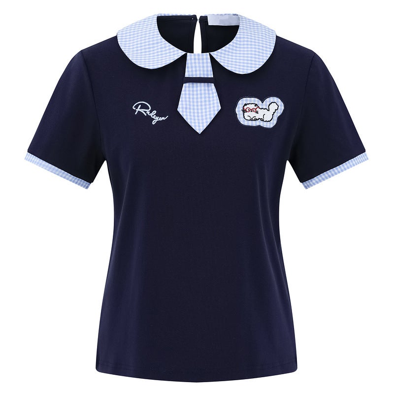 Clothing Men's American Style Vintage Kitten Embroidered Baby Collar Short-sleeved T-shirt Women's Summer New Slim-fit Slimming Short tee - Image 3