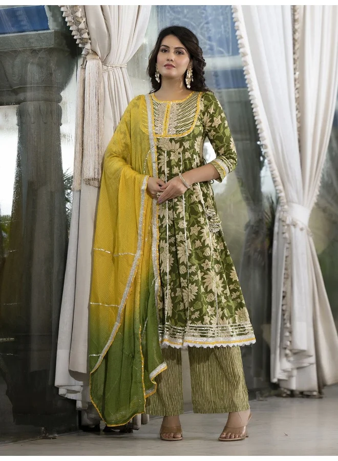 AKS Ethnic Motifs Printed Panelled Pure Cotton Kurta with Trouser & Dupatta