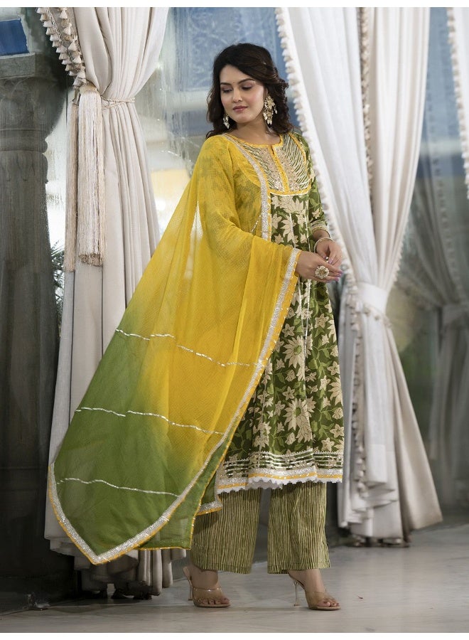 AKS Ethnic Motifs Printed Panelled Pure Cotton Kurta with Trouser & Dupatta - Image 3