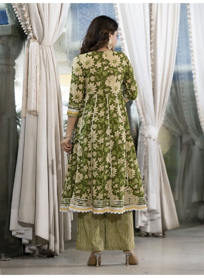 AKS Ethnic Motifs Printed Panelled Pure Cotton Kurta with Trouser & Dupatta - Image 4