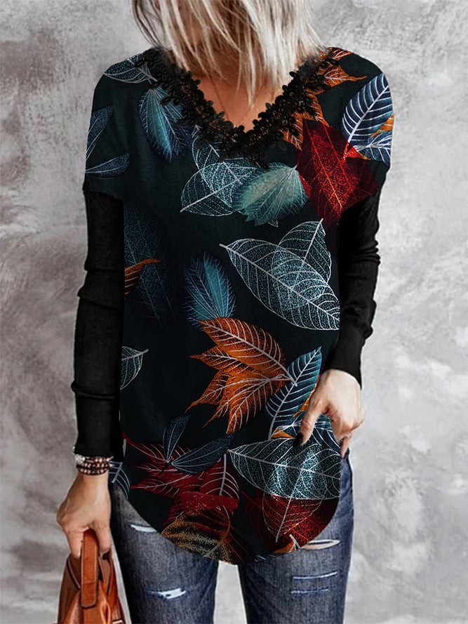 Women's Clothing WISH Positioning Printed V-neck Lace Round Tide Long Sleeve T-shirt - Image 3