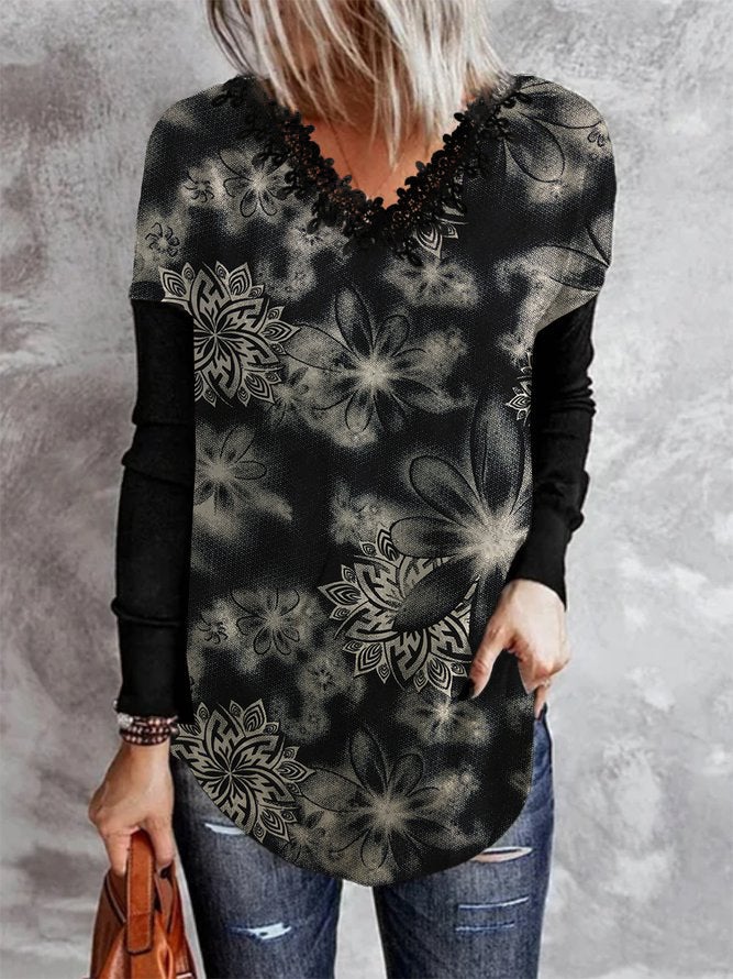Women's Clothing WISH Positioning Printed V-neck Lace Round Tide Long Sleeve T-shirt - Image 1