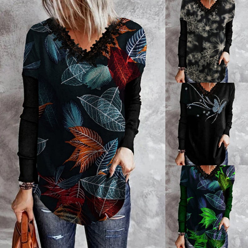 Women's Clothing WISH Positioning Printed V-neck Lace Round Tide Long Sleeve T-shirt - Image 2