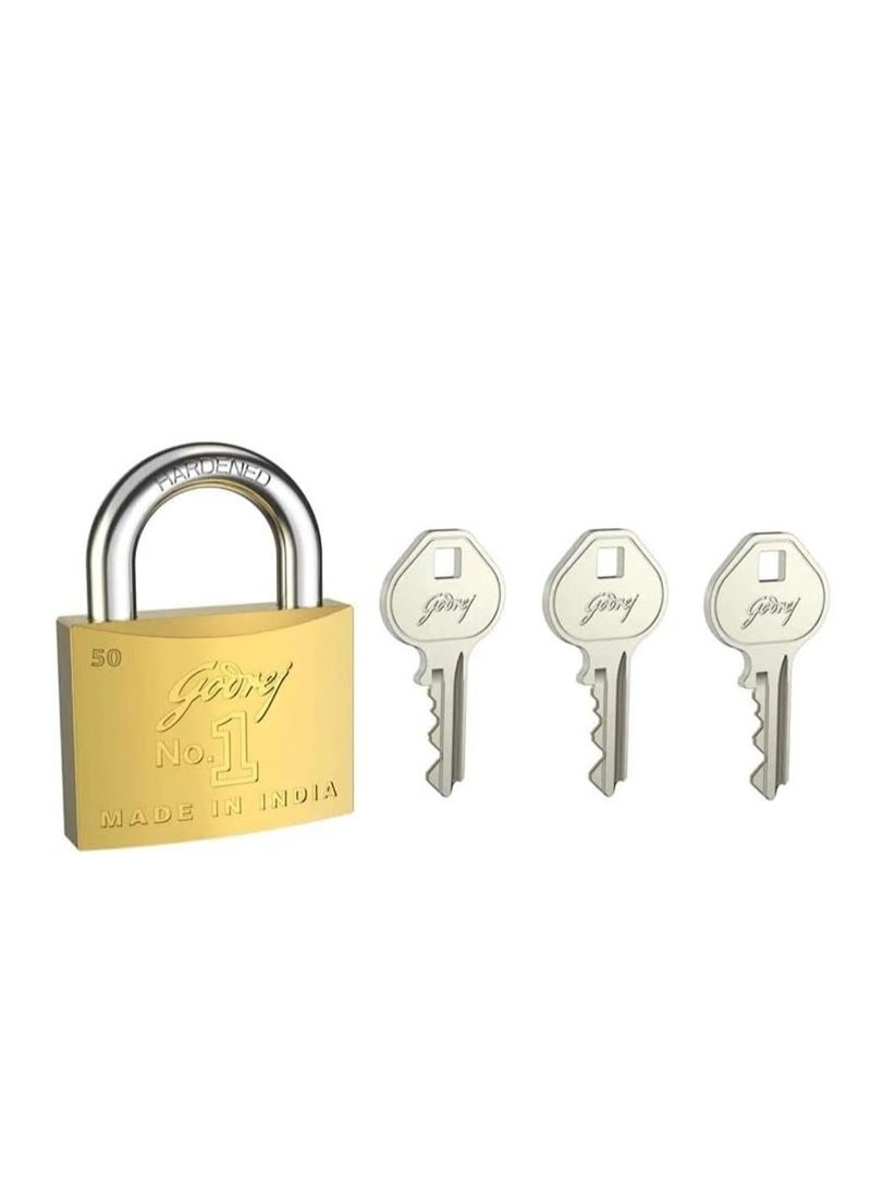 Godrej No. 1 Made in India 50mm Square Padlock for Door, Hardened Shackle Brass Finish Lock for Main Door with 3 Keys