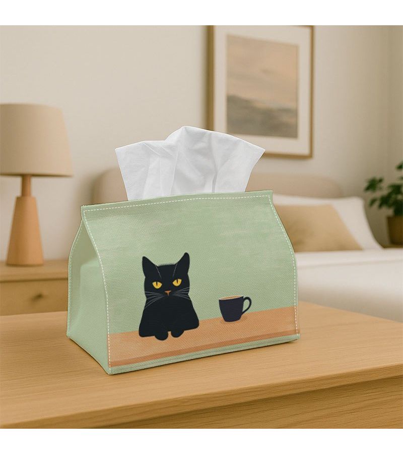 Minimalist Modern Black Cat Coffee Tissue Box 18cm Decorative Holder - Image 1