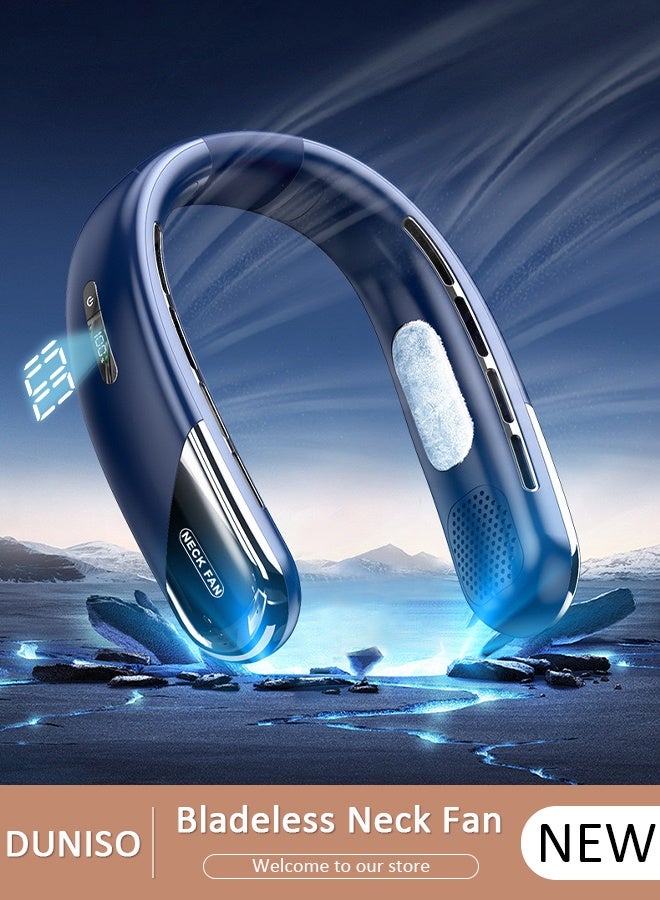 DUNISO مروحة رقبة محمولة مع شاشة عرض للبطارية، 5 سرعات قابلة لإعادة الشحن، مروحة رقبة بدون شفرات، مروحة شخصية قابلة للارتداء للنساء والرجال، مروحة تبريد رائعة للسفر والخارج والرياضة - Image 1