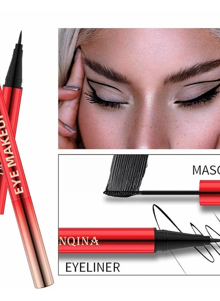 YANQINA 2 IN 1 Set 3D Mascara and Eyeliner Strong Black Long Lasting Smudge Proof Perfect Cat 4D Eye Makeup Pen Waterproof Double headed One Shot Molding Mascara Eyeliner Pencil - Image 2