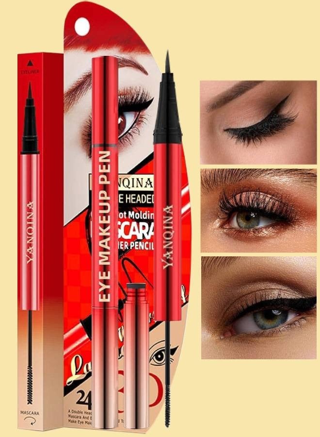 YANQINA 2 IN 1 Set 3D Mascara and Eyeliner Strong Black Long Lasting Smudge Proof Perfect Cat 4D Eye Makeup Pen Waterproof Double headed One Shot Molding Mascara Eyeliner Pencil - Image 1