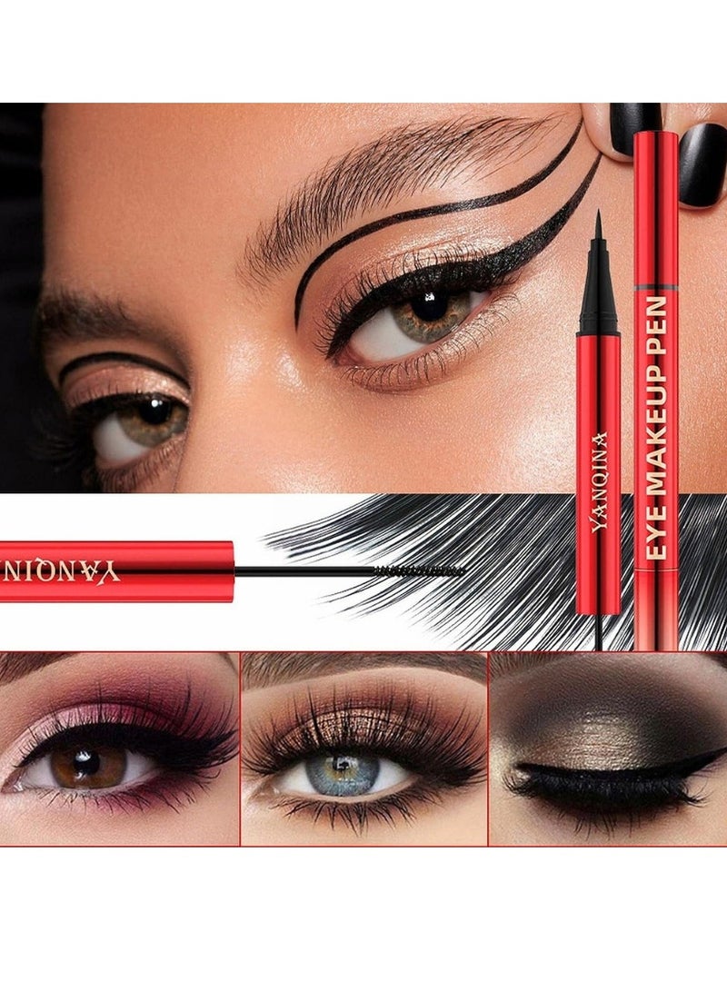 YANQINA 2 IN 1 Set 3D Mascara and Eyeliner Strong Black Long Lasting Smudge Proof Perfect Cat 4D Eye Makeup Pen Waterproof Double headed One Shot Molding Mascara Eyeliner Pencil - Image 3