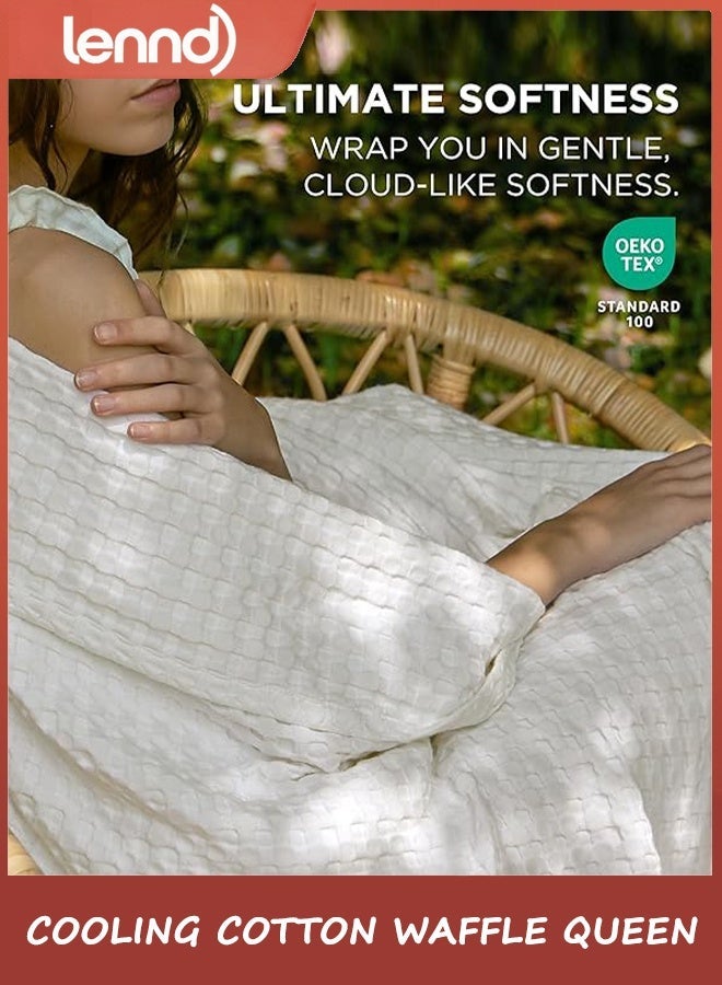 Lennd Cooling Cotton Waffle Queen Size Blanket - Lightweight Breathable Summer Soft Blanket of Rayon Derived from Bamboo for Hot Sleepers, Luxury Throws for Bed, Couch and Sofa, Ivory, 200x230 cm - Image 1