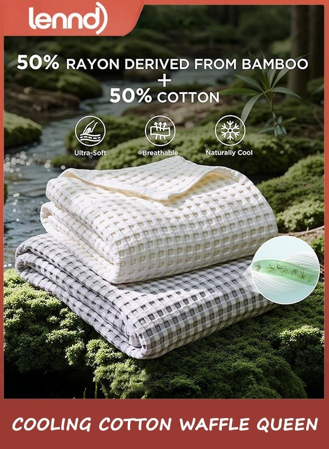 Lennd Cooling Cotton Waffle Queen Size Blanket - Lightweight Breathable Summer Soft Blanket of Rayon Derived from Bamboo for Hot Sleepers, Luxury Throws for Bed, Couch and Sofa, Ivory, 200x230 cm - Image 5