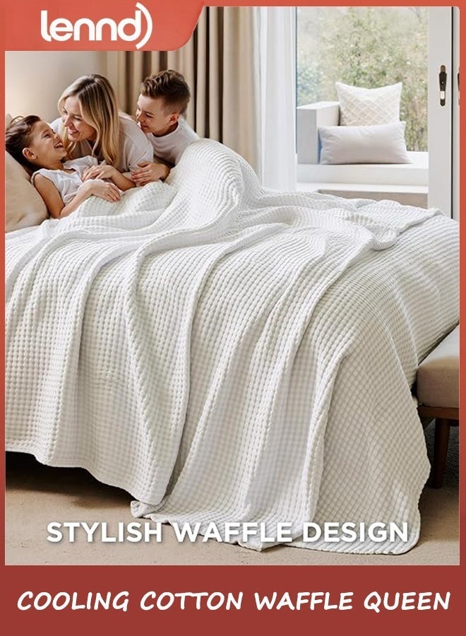 Lennd Cooling Cotton Waffle Queen Size Blanket - Lightweight Breathable Summer Soft Blanket of Rayon Derived from Bamboo for Hot Sleepers, Luxury Throws for Bed, Couch and Sofa, Ivory, 200x230 cm - Image 2