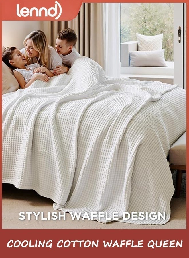لينند بطانية Lennd Cooling Cotton Waffle Queen Size - بطانية صيفية ناعمة خفيفة الوزن وجيدة التهوية مصنوعة من الرايون المشتق من الخيزران لمن يعانون من الحر، أغطية فاخرة للسرير والأريكة والأريكة، عاجي، 200 × 230 سم - Image 2