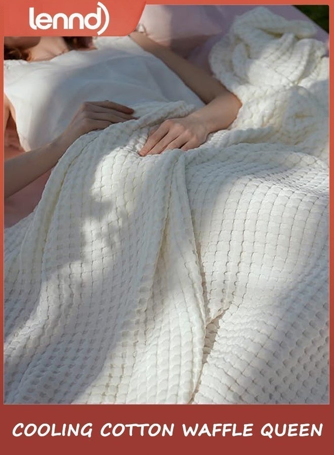 لينند بطانية Lennd Cooling Cotton Waffle Queen Size - بطانية صيفية ناعمة خفيفة الوزن وجيدة التهوية مصنوعة من الرايون المشتق من الخيزران لمن يعانون من الحر، أغطية فاخرة للسرير والأريكة والأريكة، عاجي، 200 × 230 سم - Image 1