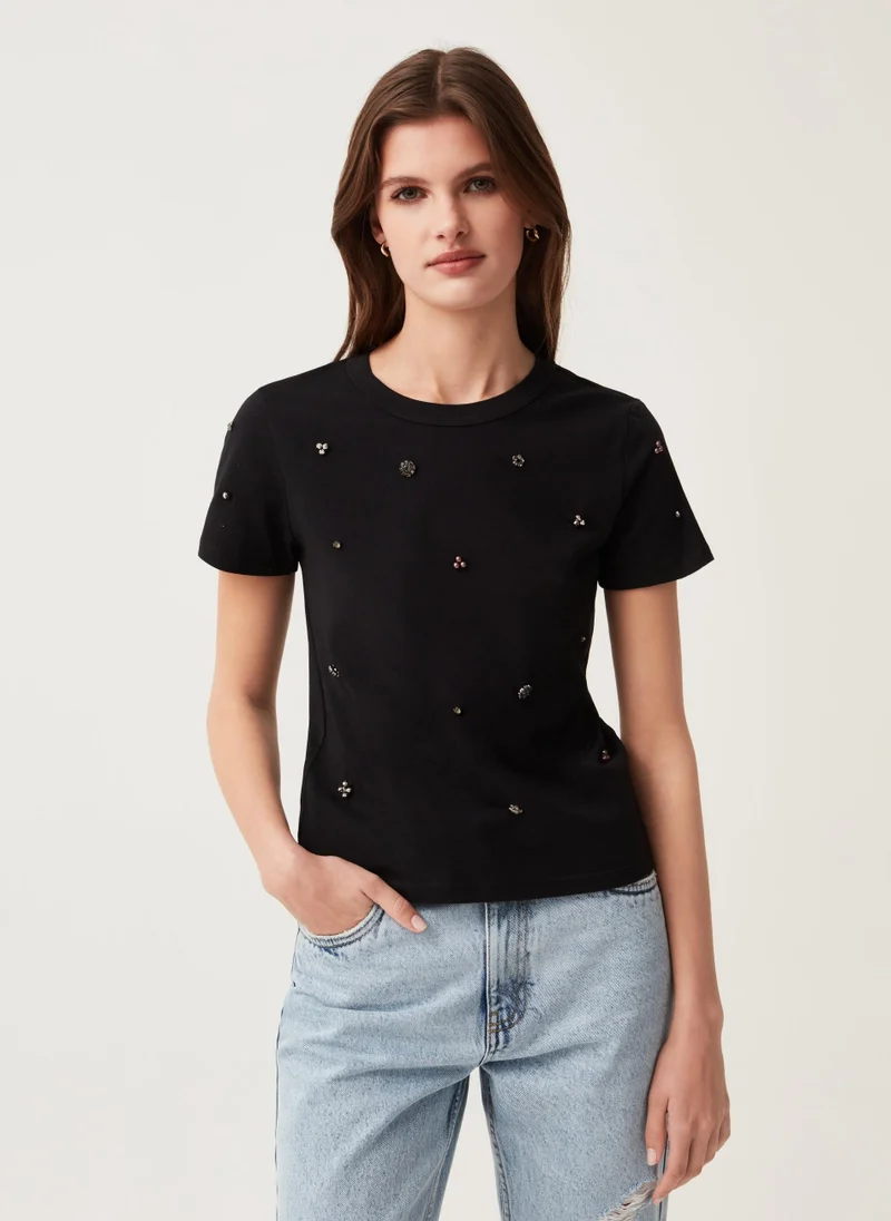 او في اس Ovs Cotton T-Shirt With Diamanté Motifs