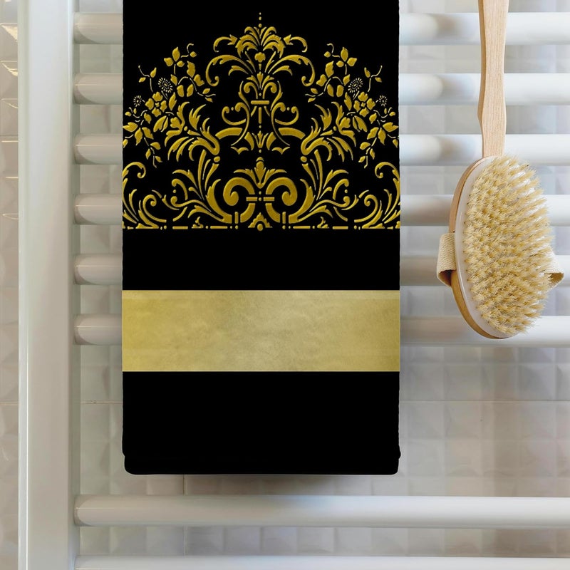 3DROSE 3D Rose Stylish Faux Gold Effect Art Nouveau Floral On Black Background Hand Towel 15 x 22 Multicolor - Image 2