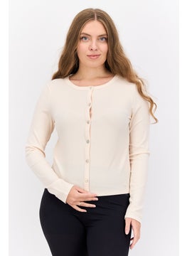 Women Round Neck Long Sleeve Textured Top, Cream