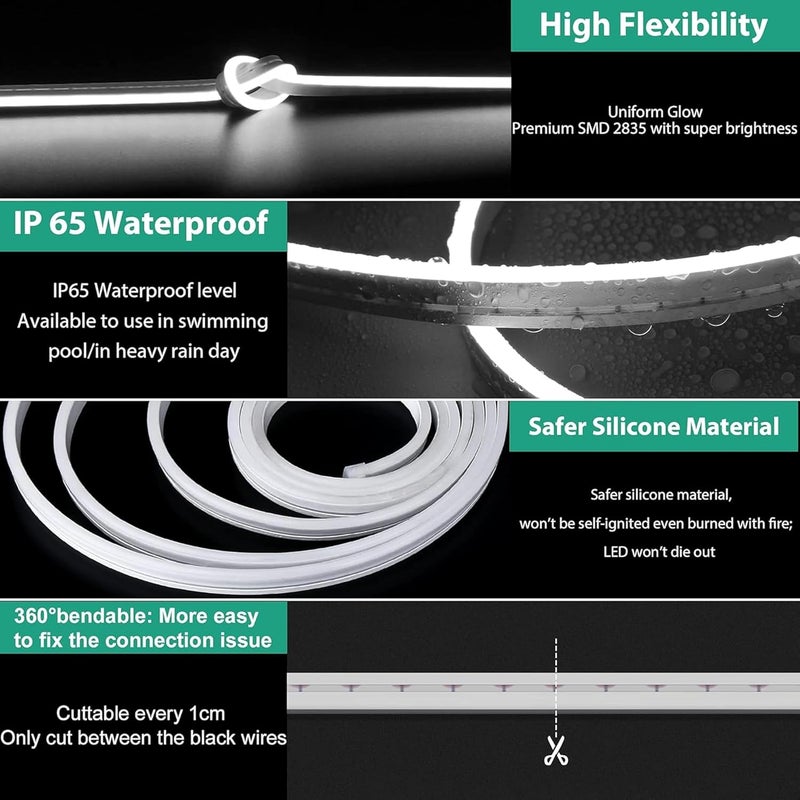 Gesto 16.4 Feet Neon LED Strip Light with 12V Adapter | Cuttable & Flexible Waterproof Rope Light for Wall Decor, Indoor & Outdoor Decoration, Custom Names,Signage & Diwali Decorative Lighting- White - Image 3